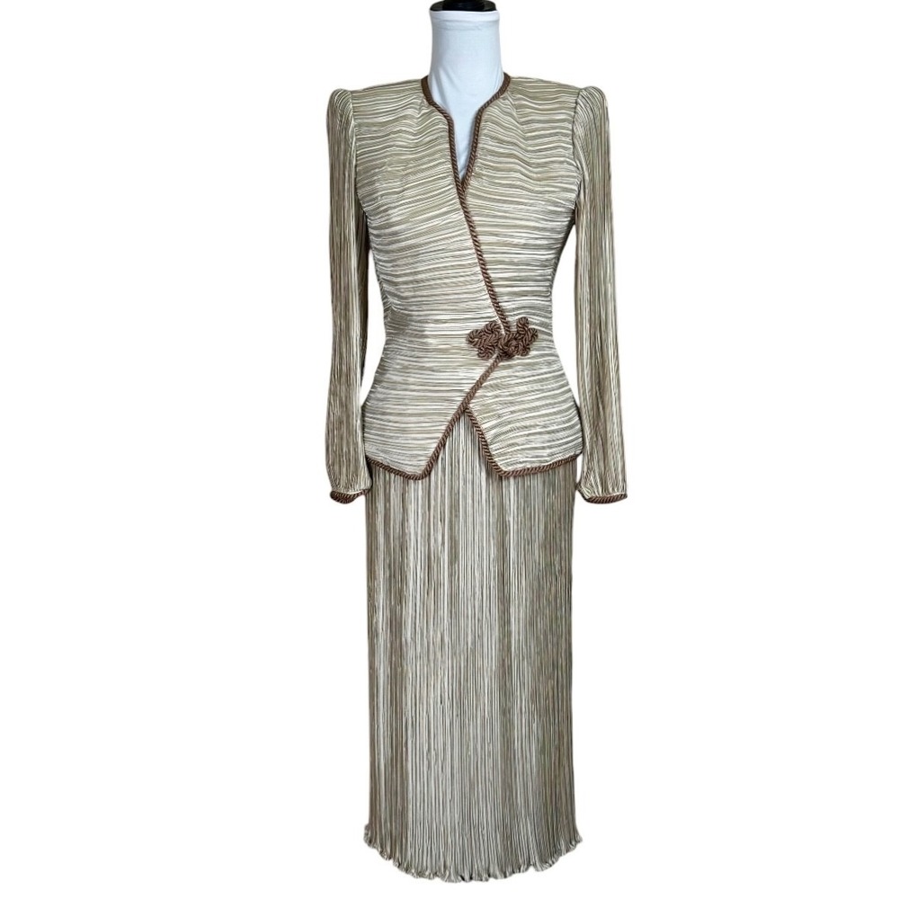 VTG Talbots Pleated Midi Skirt Suit Sz‎ 4 2 Rope Trim Jacket Wedding Formal 80s